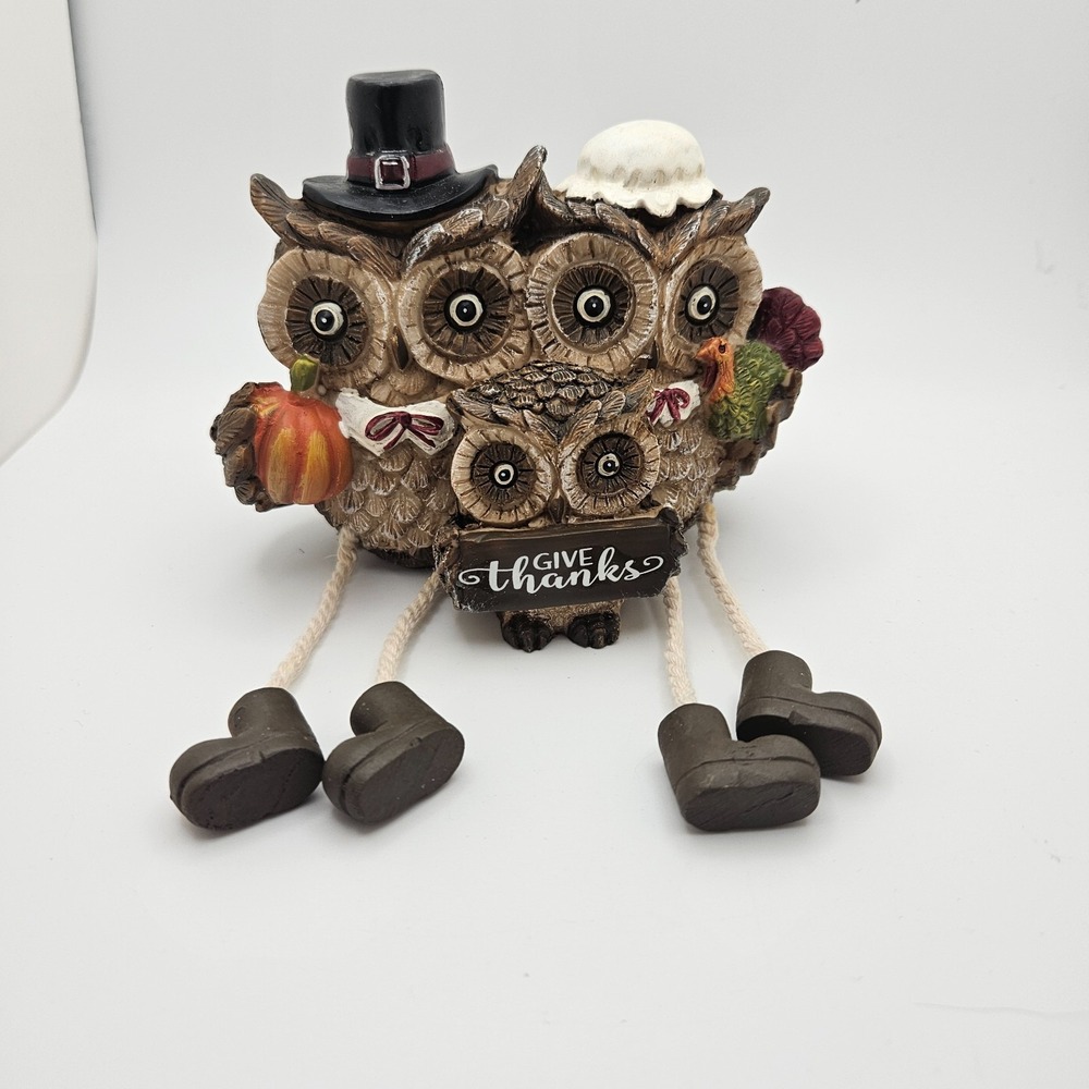 Thanksgiving Owl Figurine‎ Give Thanks Fall Harvest Decor Dangly Legs